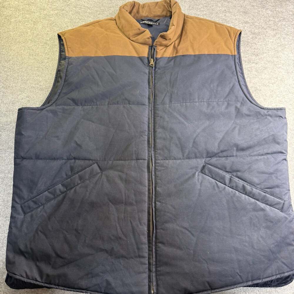 J. Crew Mercantile Men's Colorblock Full-Zip Puffer Vest Navy and Brown XL